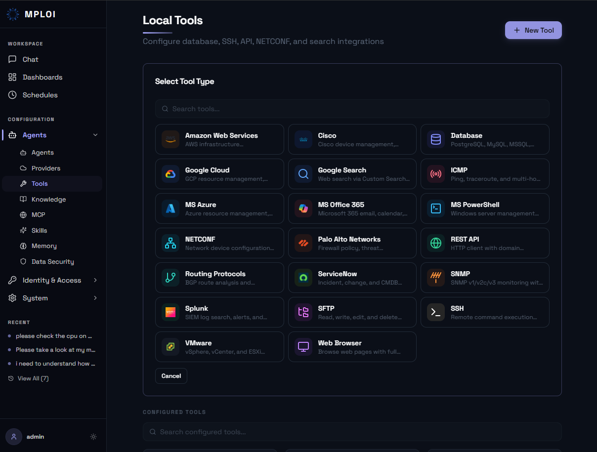 Visual no-code agent builder in mploi showing tool selection, knowledge attachment, and model assignment