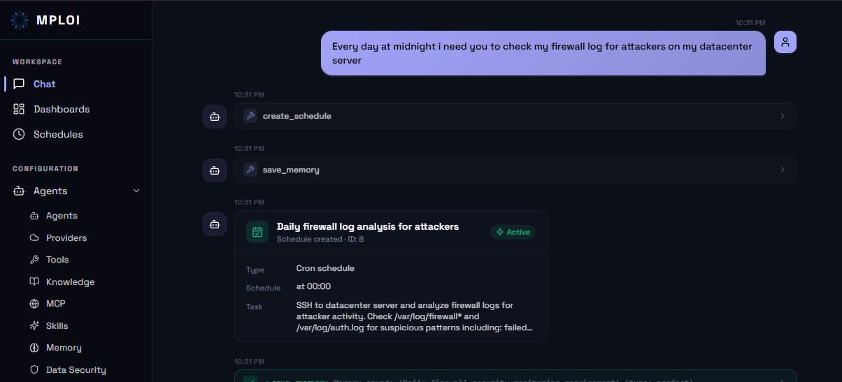 Scheduled AI agents running cron-based automations with persistent sessions and full audit trail
